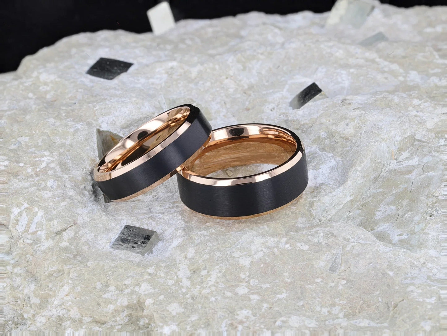 STEPHEN Rose Gold Plated Black Titanium Flat Brushed Center Men's Wedding Ring With Beveled Polished Edges - 6mm & 8mm