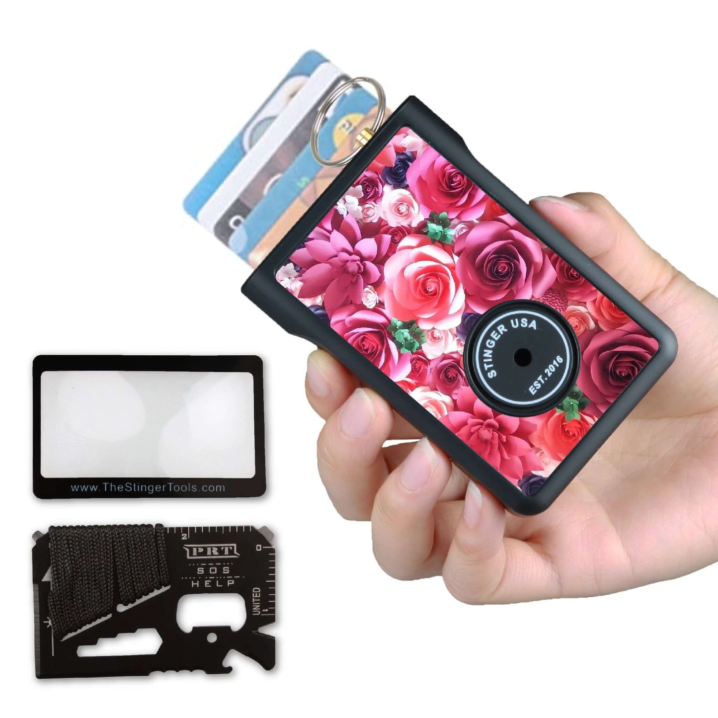Stinger Minimalist Wallet, Card Holder, Safety Wallet with Personal Alarm, Multi-functional Tool, and Magnifier (Black Carbon Fiber)