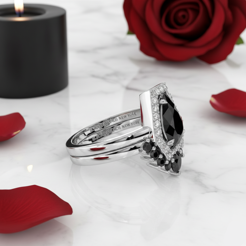 Faithfulness-1ct Black Pear Cut Diamond 14k White Gold Coffin Ring Set