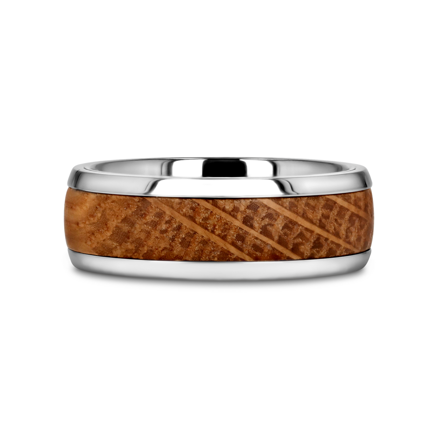 STAVE Whiskey Barrel Inlaid Titanium Men's Wedding Band With Domed Polished Edges Made From Genuine Whiskey Barrels - 8mm