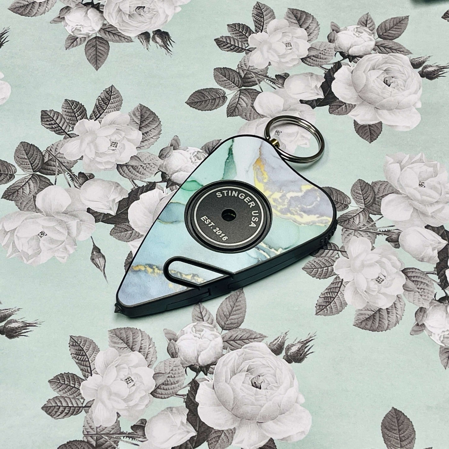 Stinger Stay Away Personal Safety Alarm Keychain Emergency Tool: Siren Alarm, Seat Belt Cutter, Glass Breaker (Green Marble)