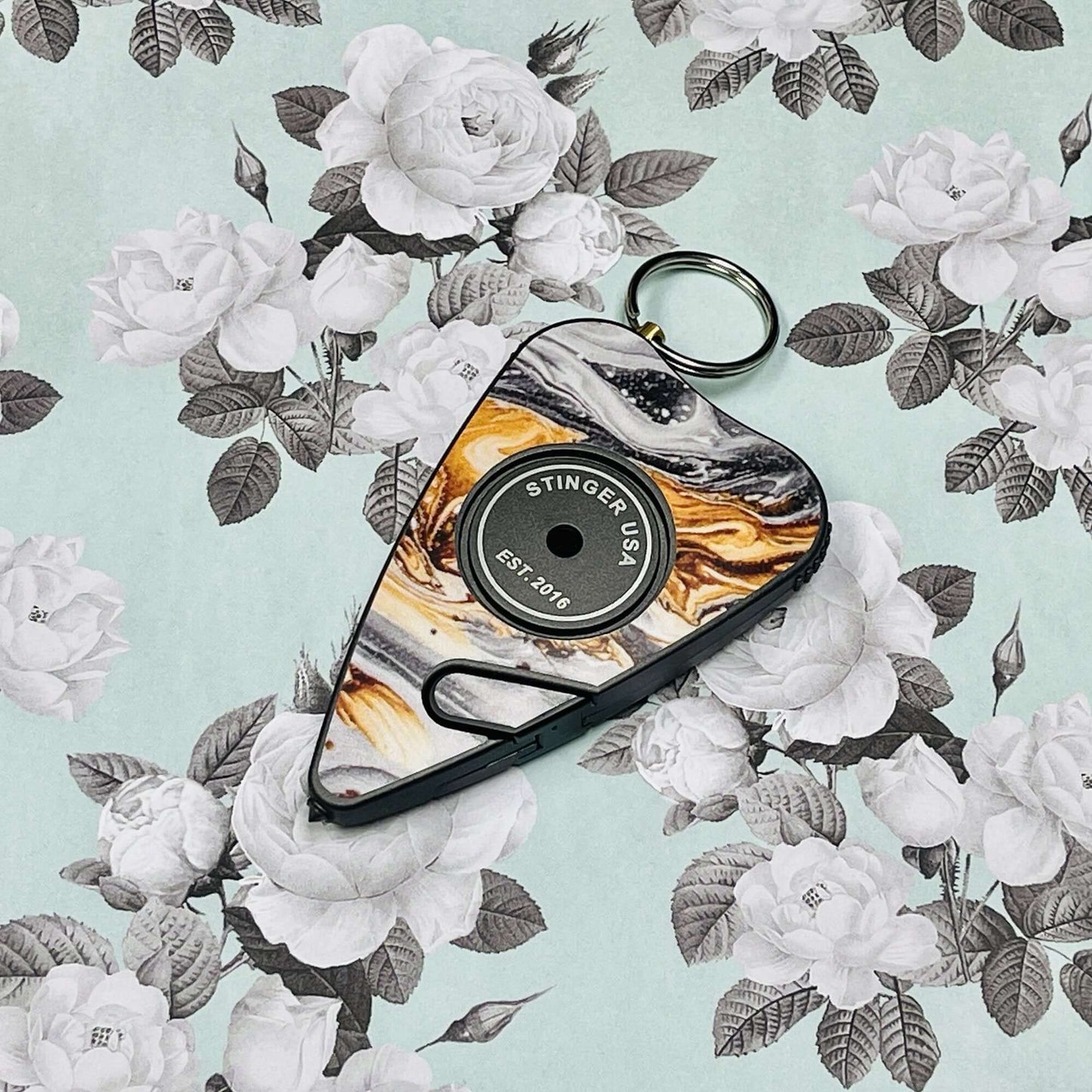 Stinger Stay Away Personal Safety Alarm Keychain Emergency Tool: Siren Alarm, Seat Belt Cutter, Glass Breaker (Black Marble)