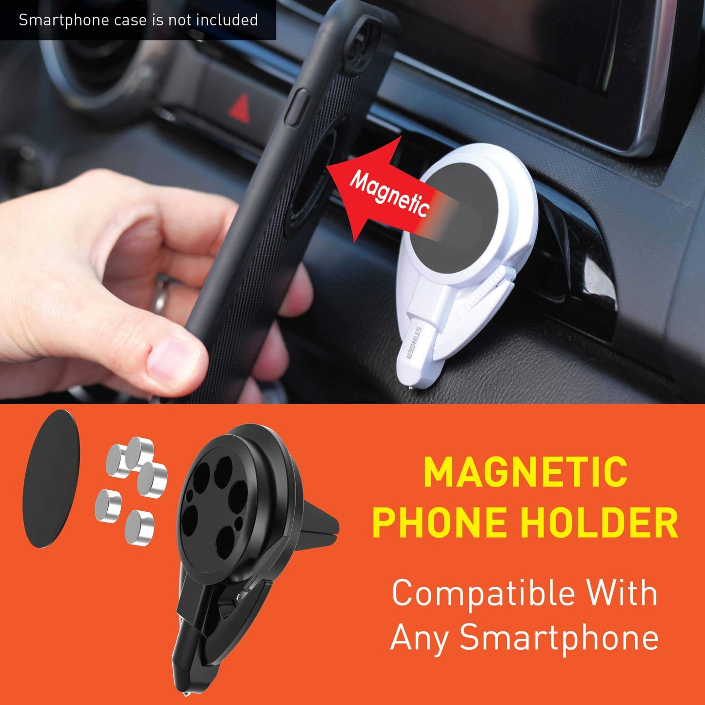 Stinger Car Vent Mount Magnetic Phone Holder Emergency Tool (White)