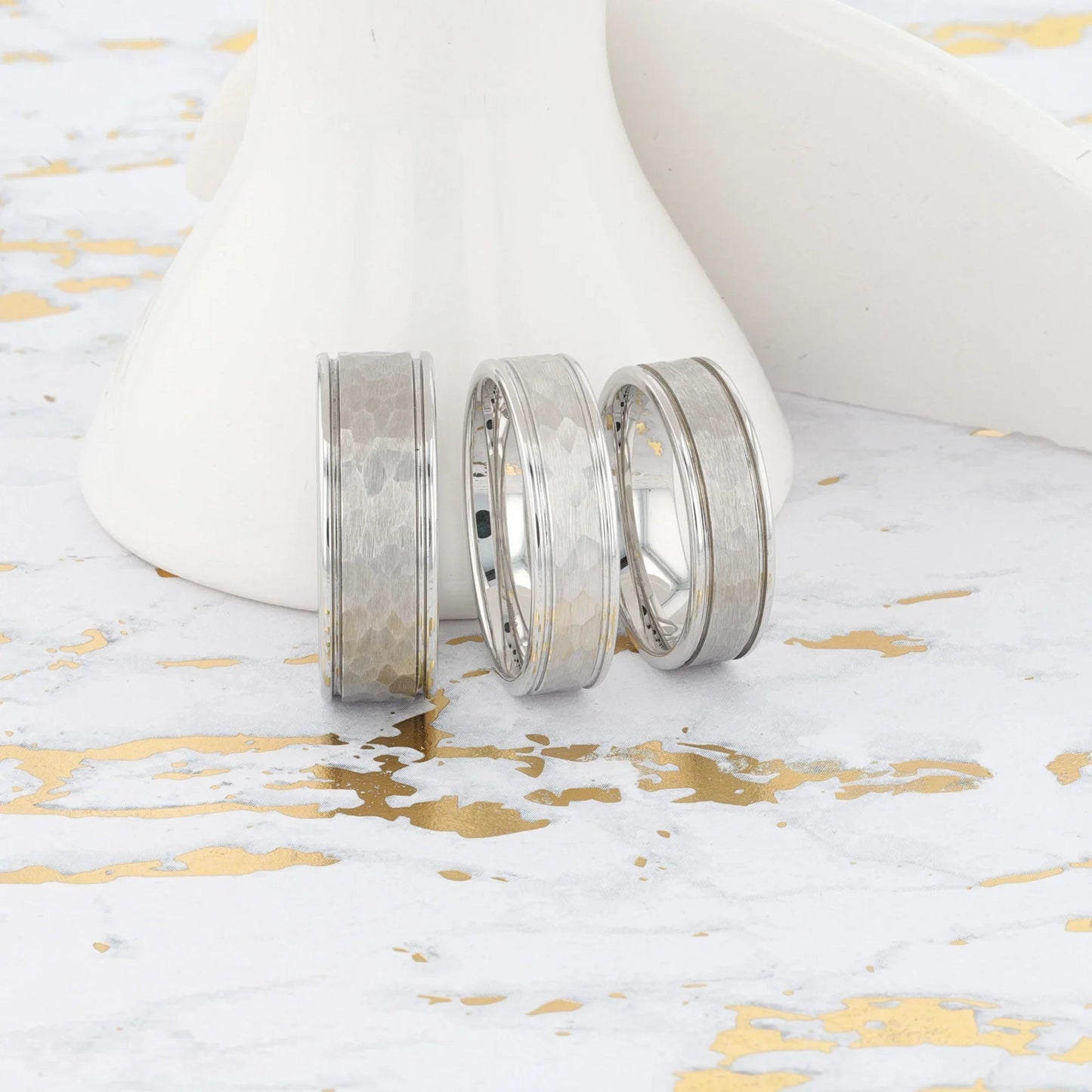 THORNTON Hammered Finish Center White Tungsten Carbide Wedding Band with Dual Offset Grooves and Polished Edges - 6mm & 8mm