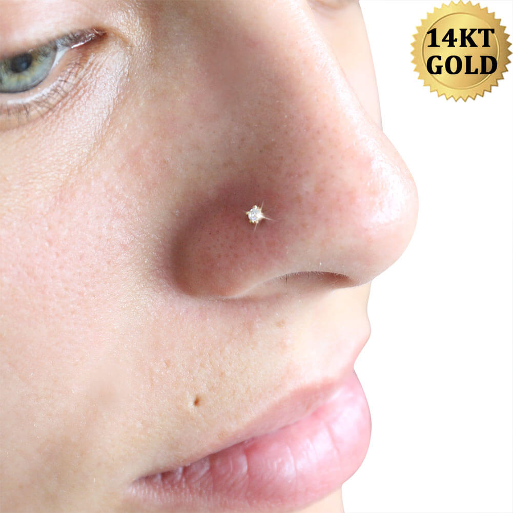 14K Gold Screw CZ Nose Stud