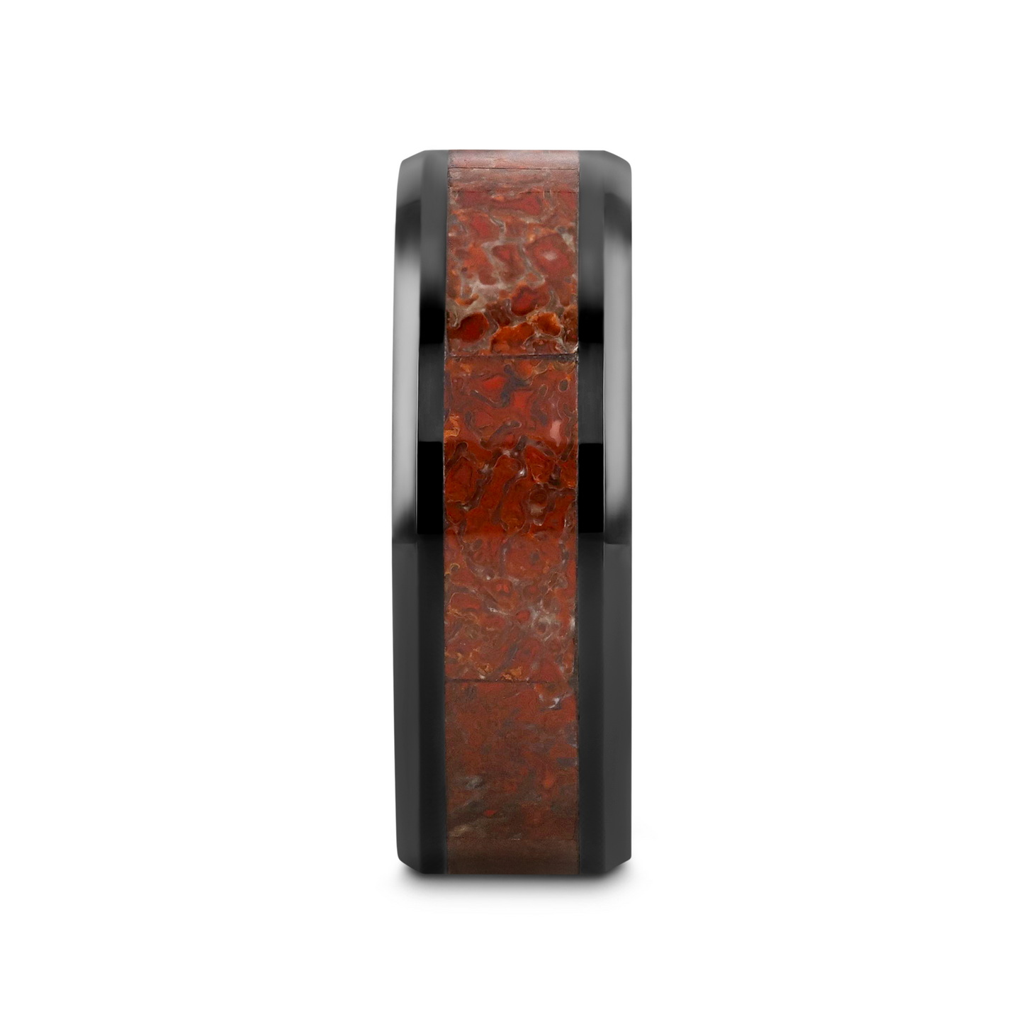 TRIASSIC Red Dinosaur Bone Inlaid Black Ceramic Beveled Edged Ring - 4mm & 8mm