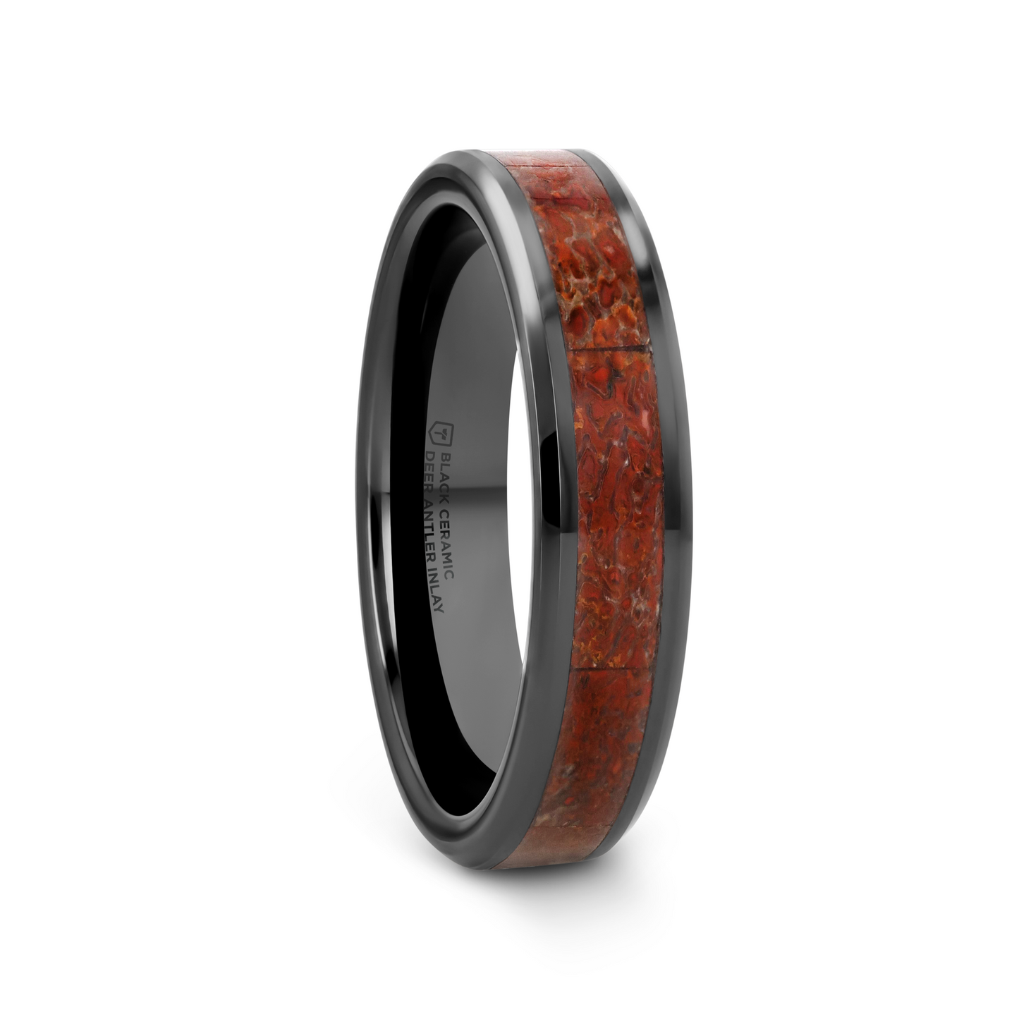 TRIASSIC Red Dinosaur Bone Inlaid Black Ceramic Beveled Edged Ring - 4mm & 8mm