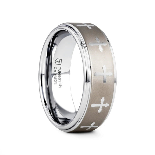 TRINITY Raised Center with Engraved Crosses Men's Tungsten Wedding Band – 8mm