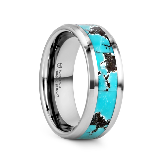 TURKIS Turquoise Spider Web Inlay Tungsten Carbide ring with Beveled Polished Edges - 8mm