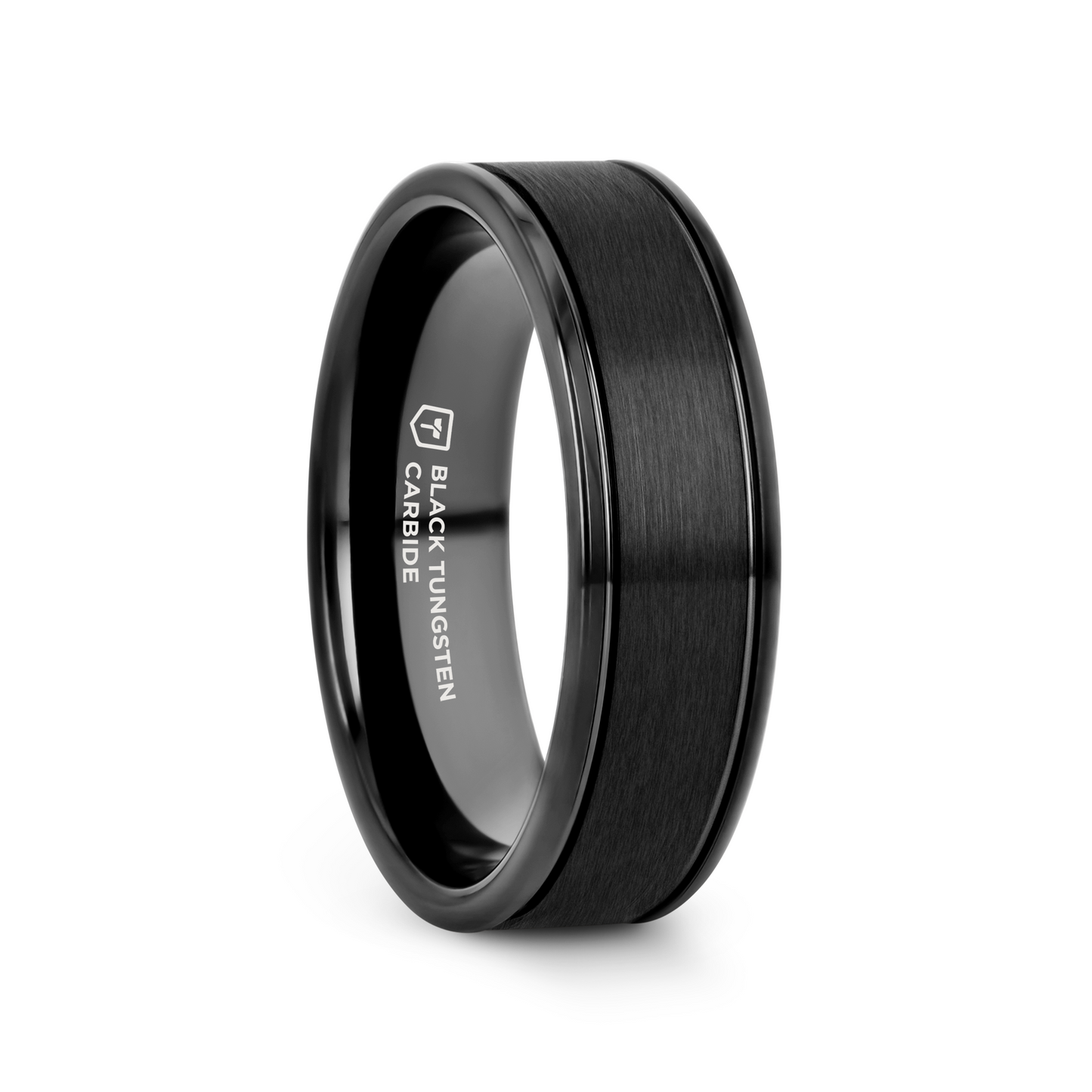 TURNER Black Tungsten Carbide Wedding Band – Flat Brushed Center, Dual Offset Grooves, Polished Edges (6mm & 8mm)