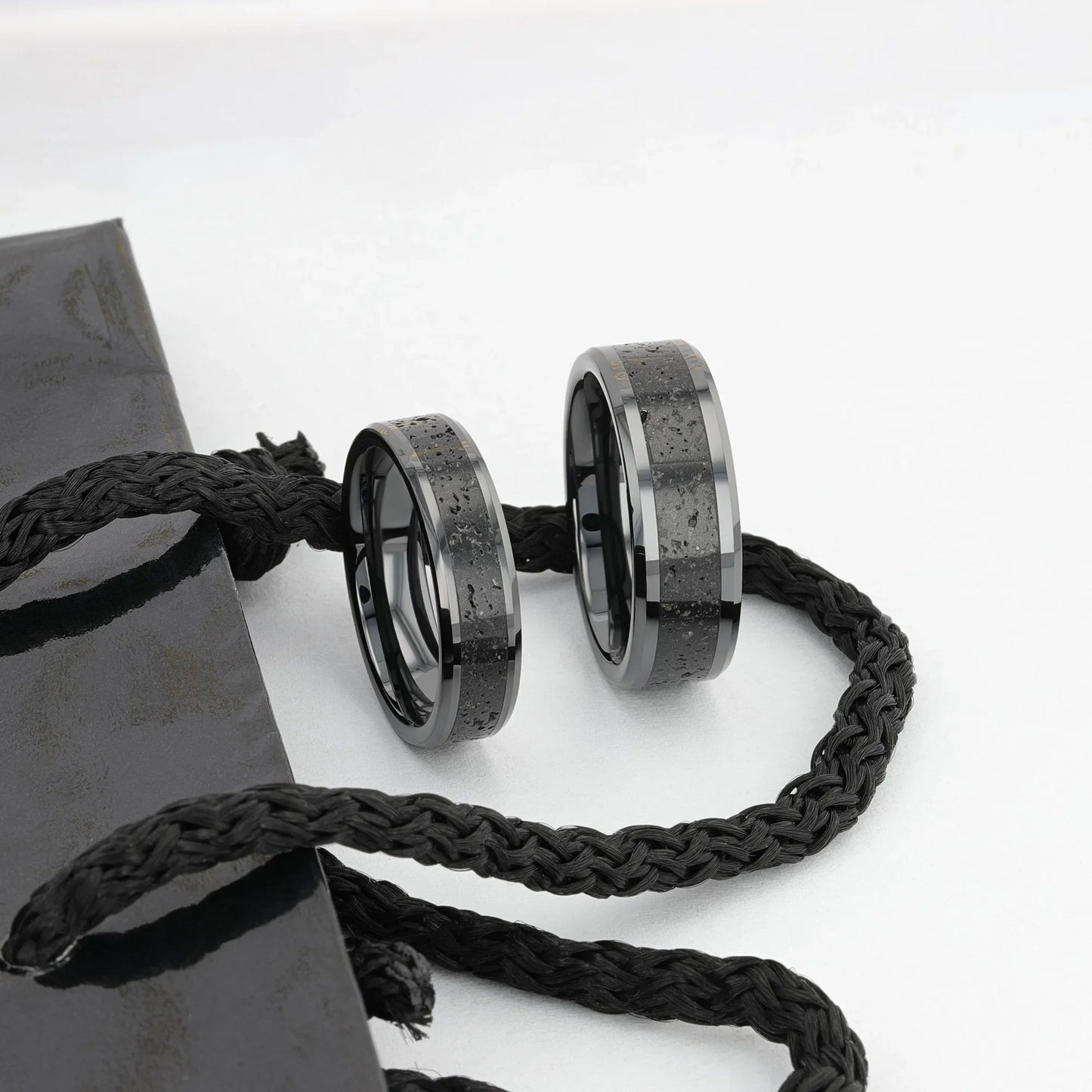 VESUVIUS Men’s Polished Black Ceramic Wedding Band with Black & Gray Lava Rock Stone Inlay & Polished Beveled Edges - 6mm & 8mm