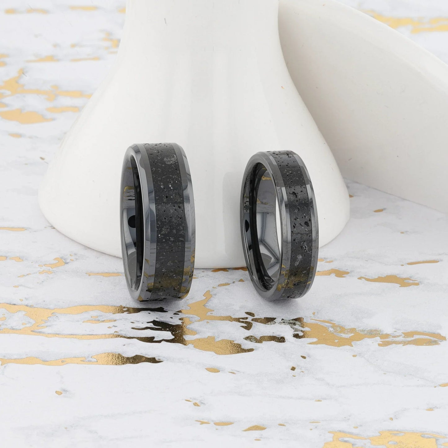 VESUVIUS Men’s Polished Black Ceramic Wedding Band with Black & Gray Lava Rock Stone Inlay & Polished Beveled Edges - 6mm & 8mm