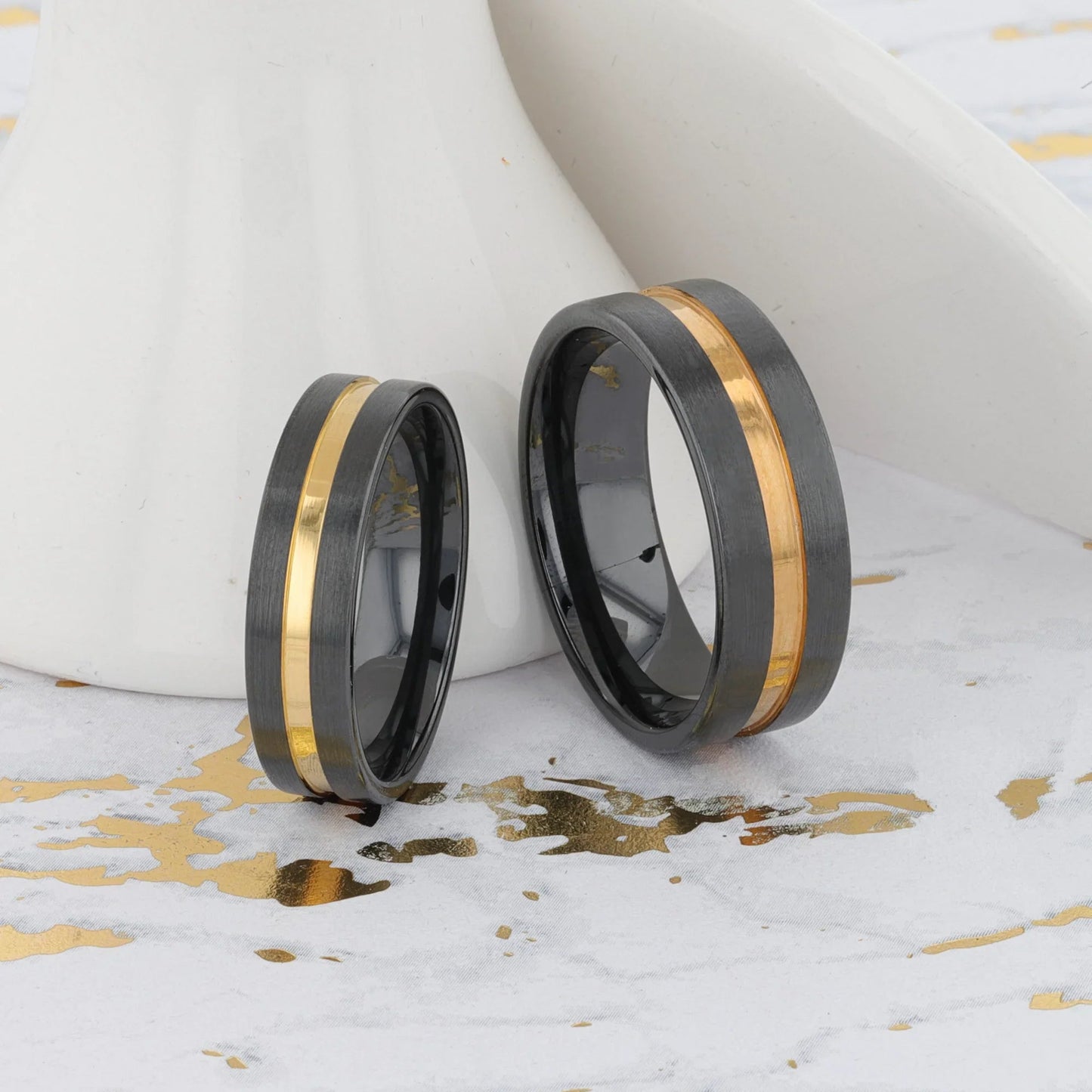 VIVALDI Black Ceramic Wedding Band With Yellow Gold Groove - 4mm - 8mm