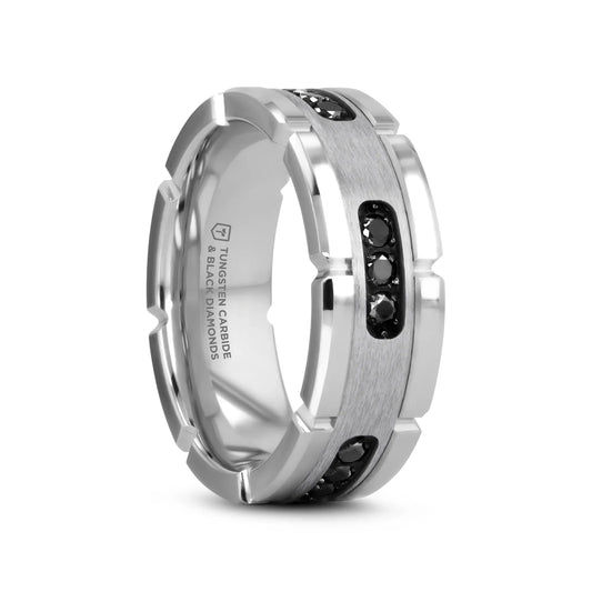 VALOR Grooved Tungsten Ring with Silver Inlay & Black Diamonds - 8mm