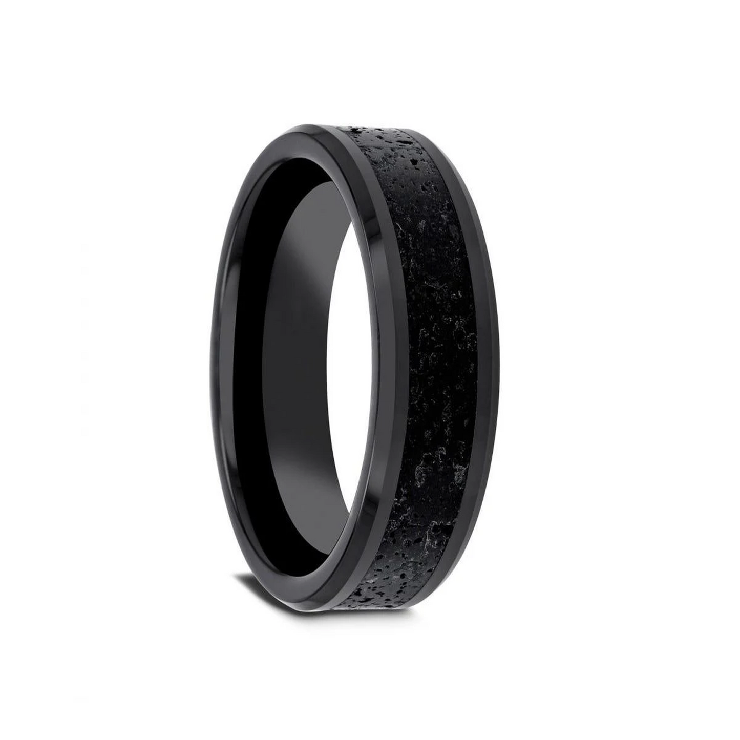 VESUVIUS Men’s Polished Black Ceramic Wedding Band with Black & Gray Lava Rock Stone Inlay & Polished Beveled Edges - 6mm & 8mm