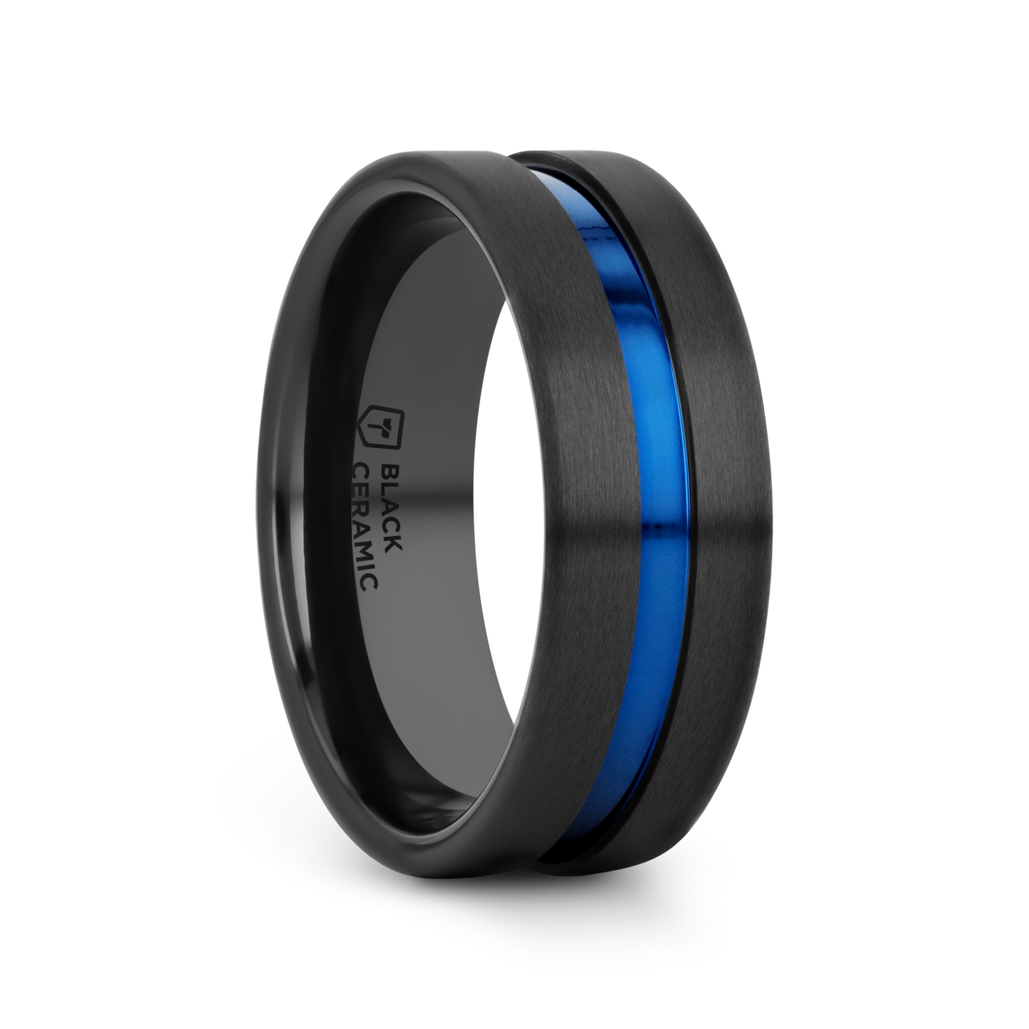 WESTLEY Flat Brushed Finish Black Ceramic Men’s Wedding Ring with Blue Grooved Center - 8mm