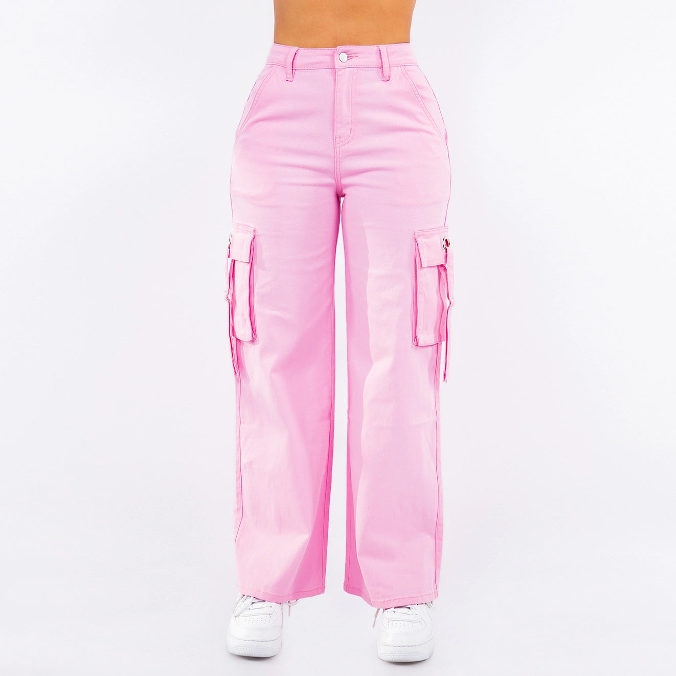 Pink, Olive and Black Cargo Pants, Wide-Leg, Trendy, Multiple Pockets, Tie Details, Casual