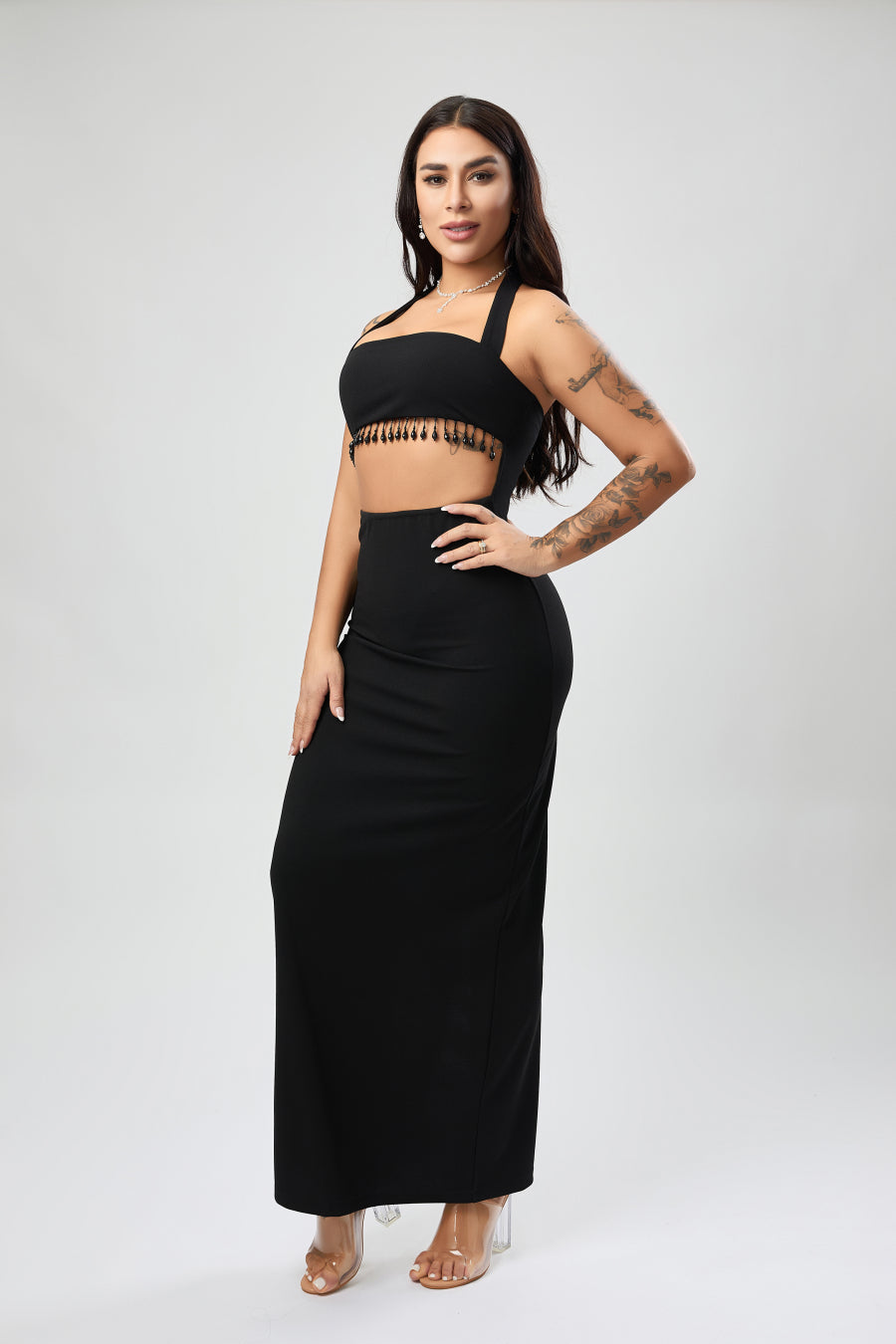Sexy stylish slight stretch beaded decor hollow midi dress