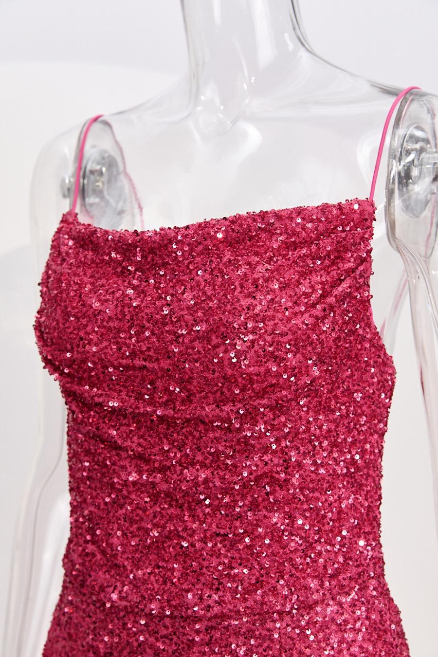 High quality elegant slight stretch sling sequins slim high slit maxi dress