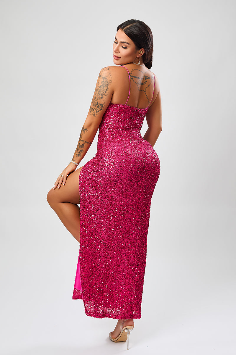 High quality elegant slight stretch sling sequins slim high slit maxi dress