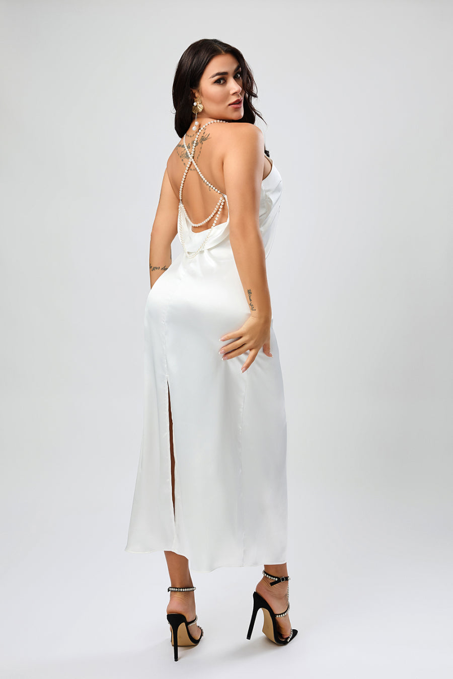 Sexy non-stretch satin backless faux pear decor sling split maxi dress