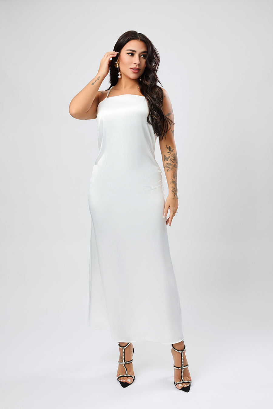 Sexy non-stretch satin backless faux pear decor sling split maxi dress