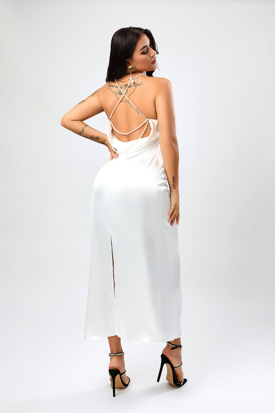 Sexy non-stretch satin backless faux pear decor sling split maxi dress