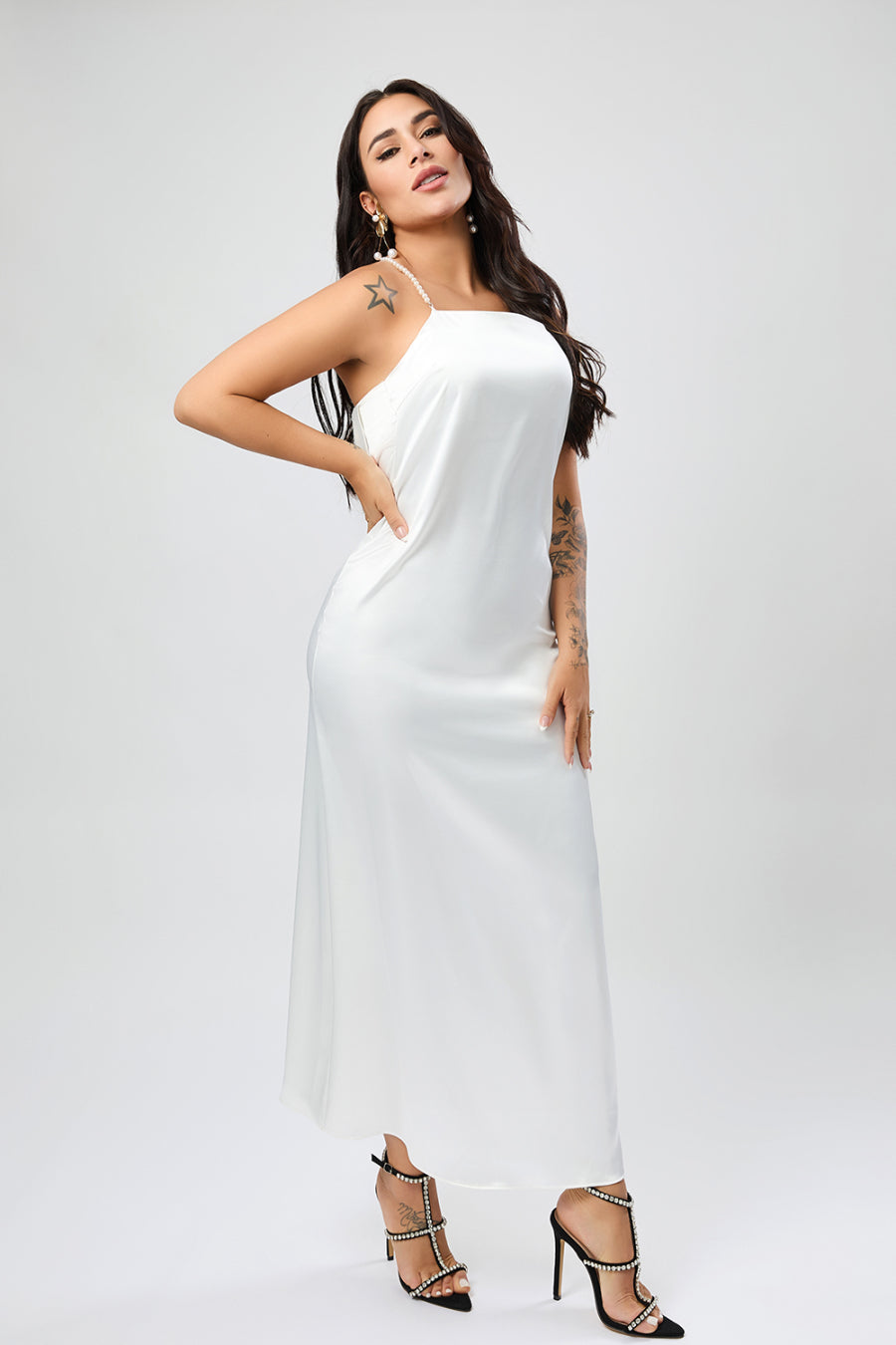 Sexy non-stretch satin backless faux pear decor sling split maxi dress