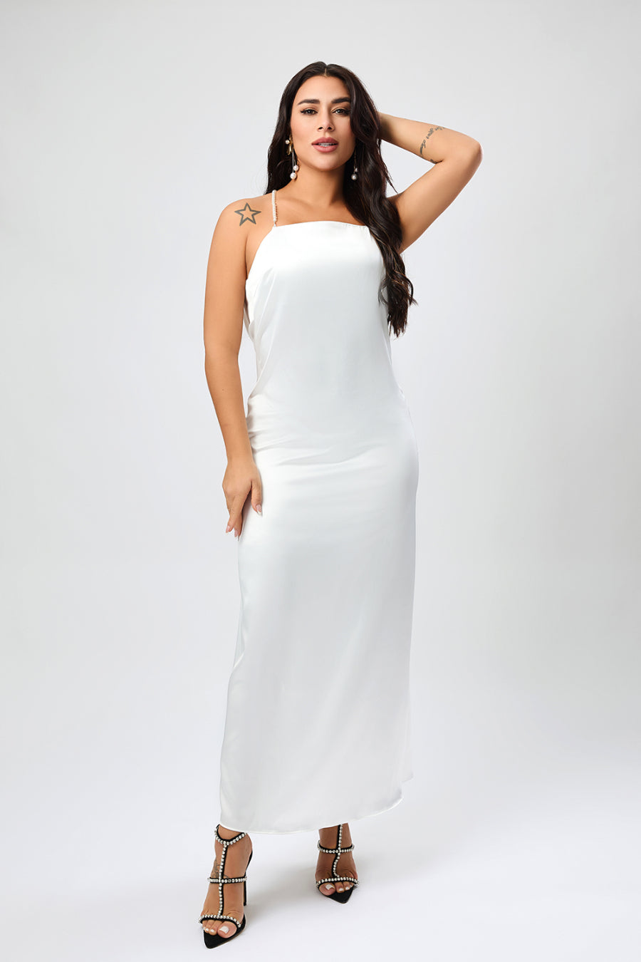 Sexy non-stretch satin backless faux pear decor sling split maxi dress