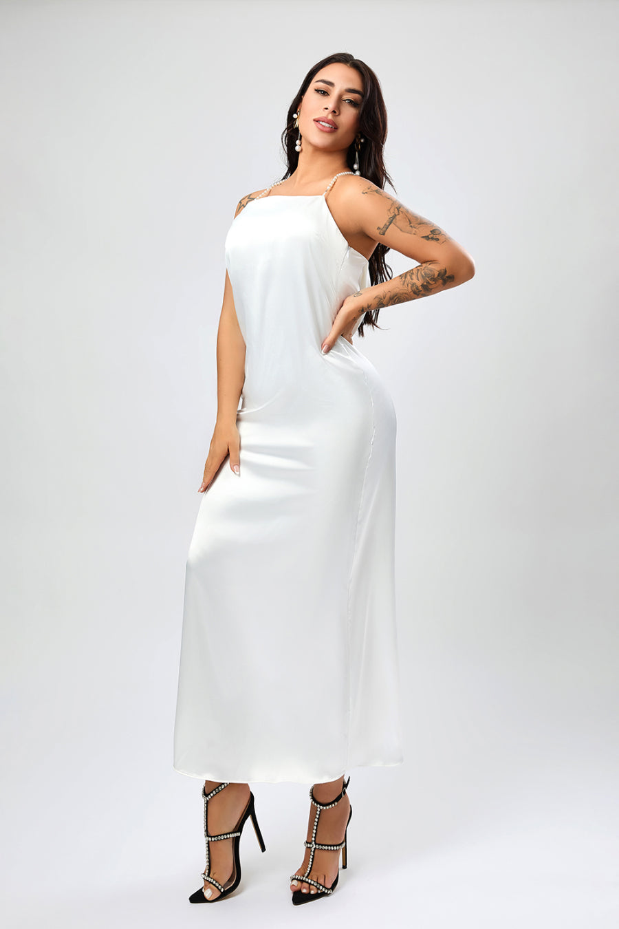 Sexy non-stretch satin backless faux pear decor sling split maxi dress