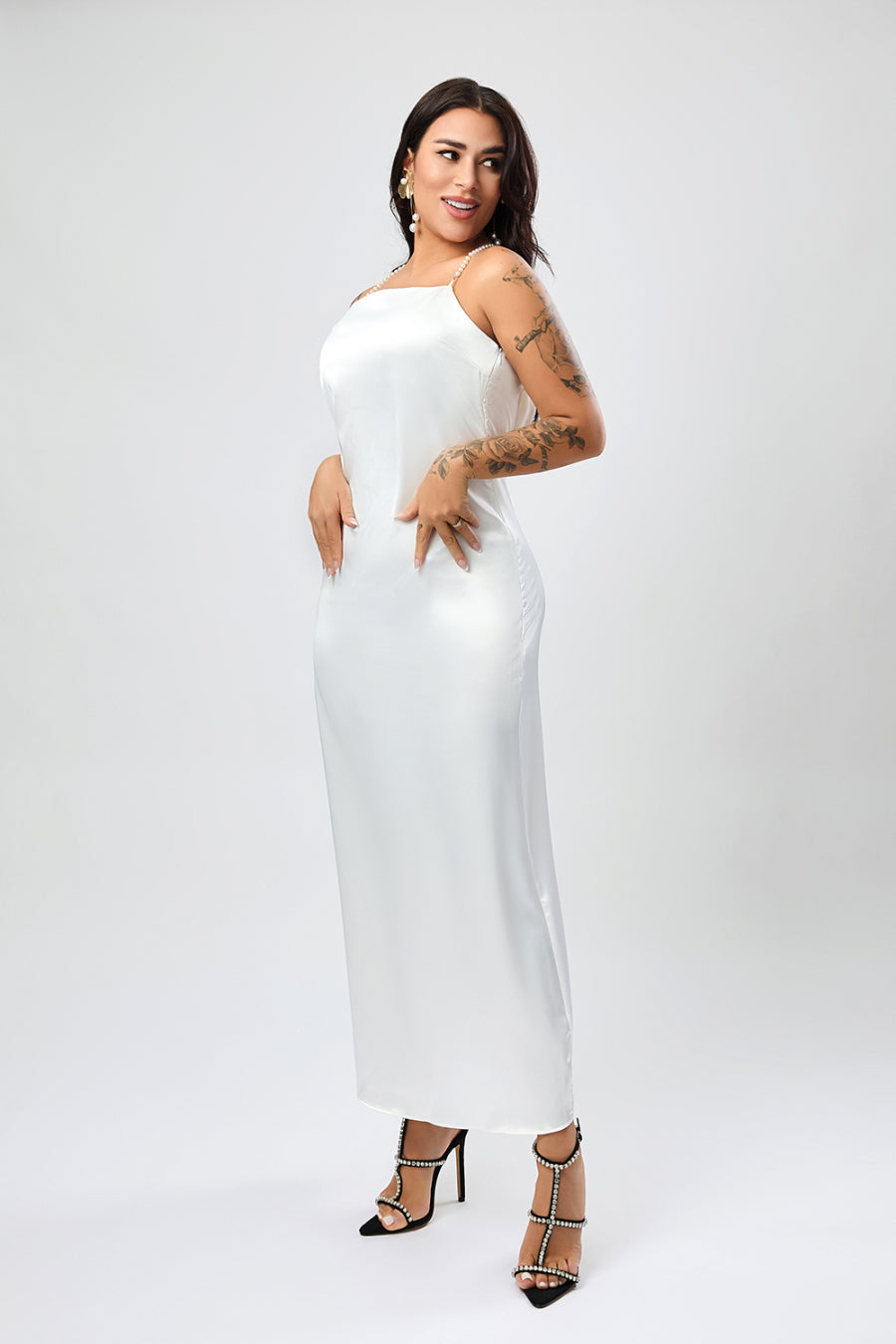 Sexy non-stretch satin backless faux pear decor sling split maxi dress