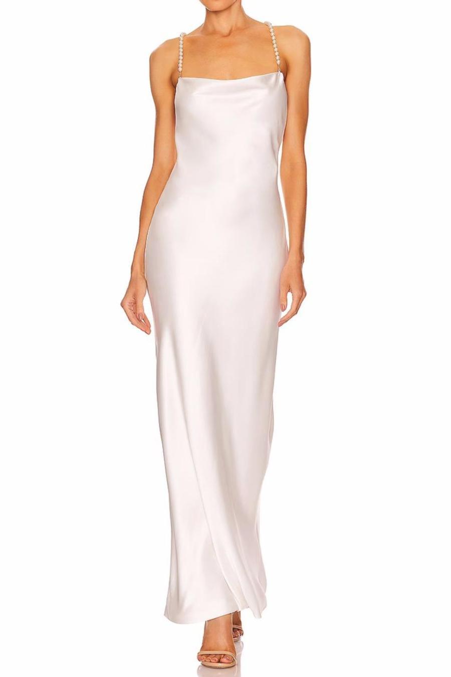 Sexy non-stretch satin backless faux pear decor sling split maxi dress