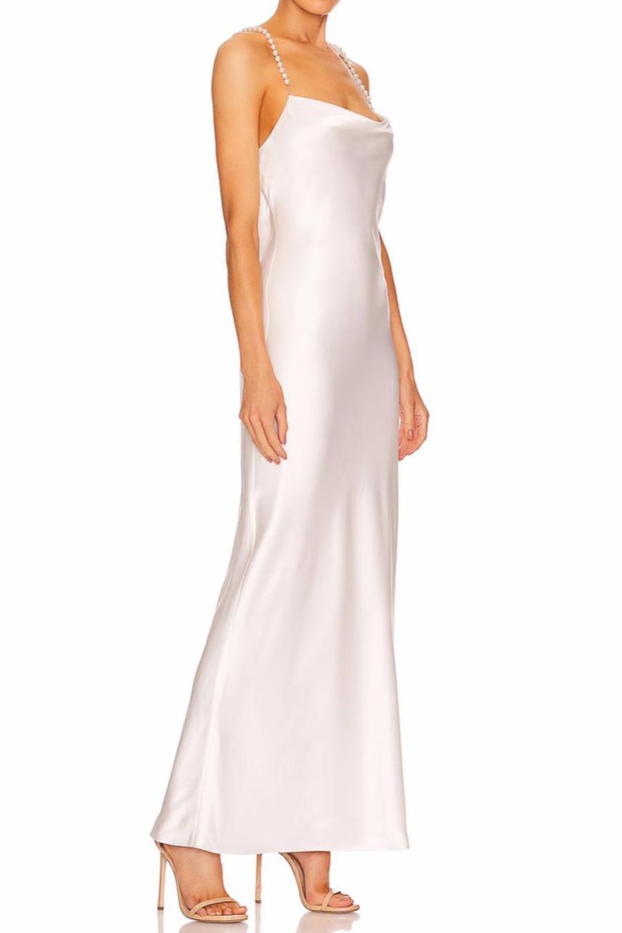Sexy non-stretch satin backless faux pear decor sling split maxi dress