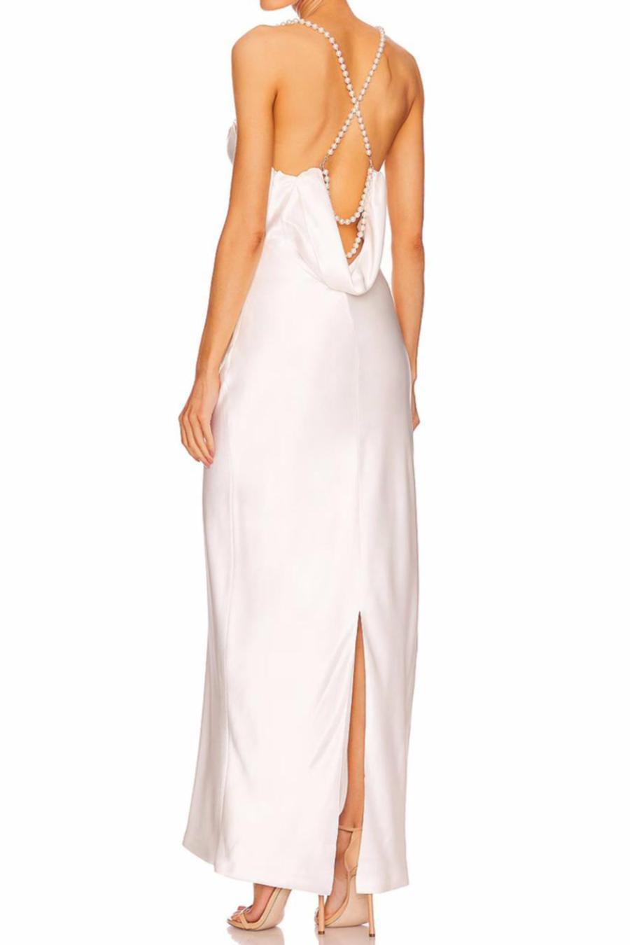 Sexy non-stretch satin backless faux pear decor sling split maxi dress