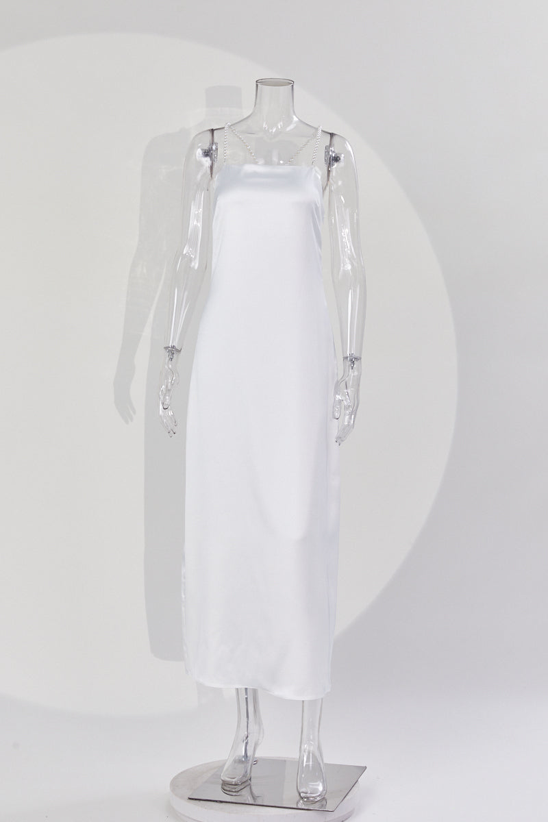 Sexy non-stretch satin backless faux pear decor sling split maxi dress