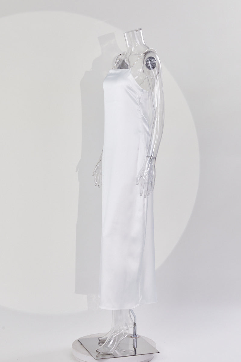 Sexy non-stretch satin backless faux pear decor sling split maxi dress