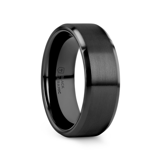 YORKSHIRE Brushed Black Ceramic Wedding Band with Polished Beveled Edges – 6mm or 8mm