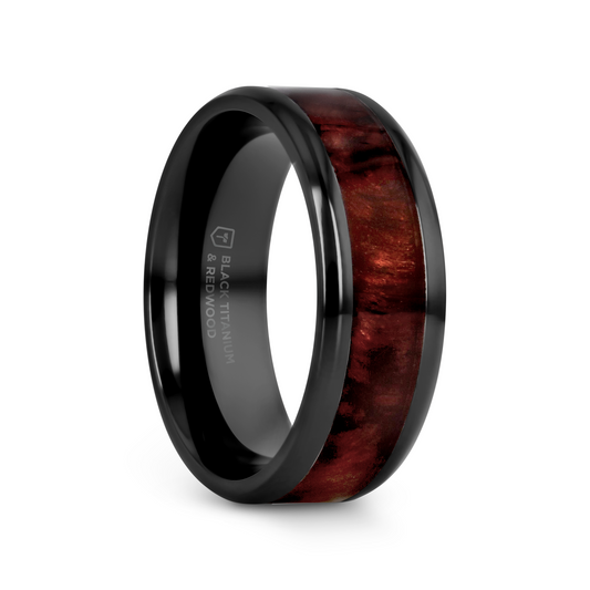 YOSEMITE Redwood inlaid Clear Polished Coated Titanium Men's Wedding Band With Polished Beveled Edges - 8mm