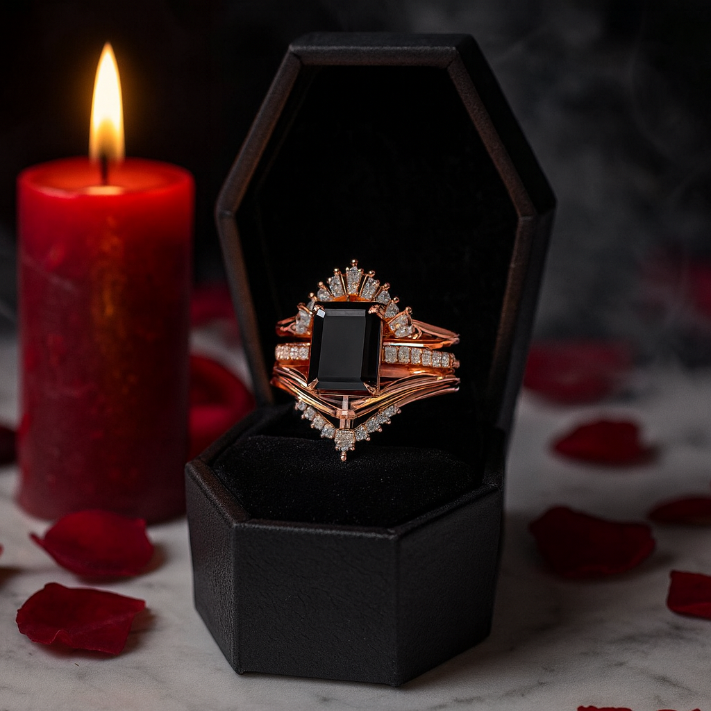 You Are Worth It- Black Emerald Cut Diamond Gothic Promise Ring Set