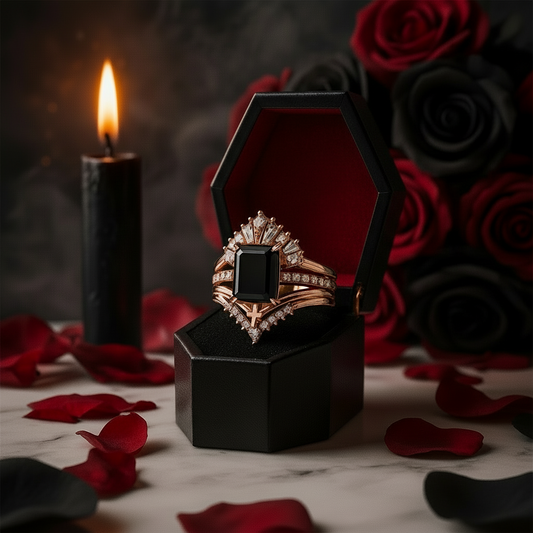 You Are Worth It- Black Emerald Cut Diamond Gothic Promise Ring Set