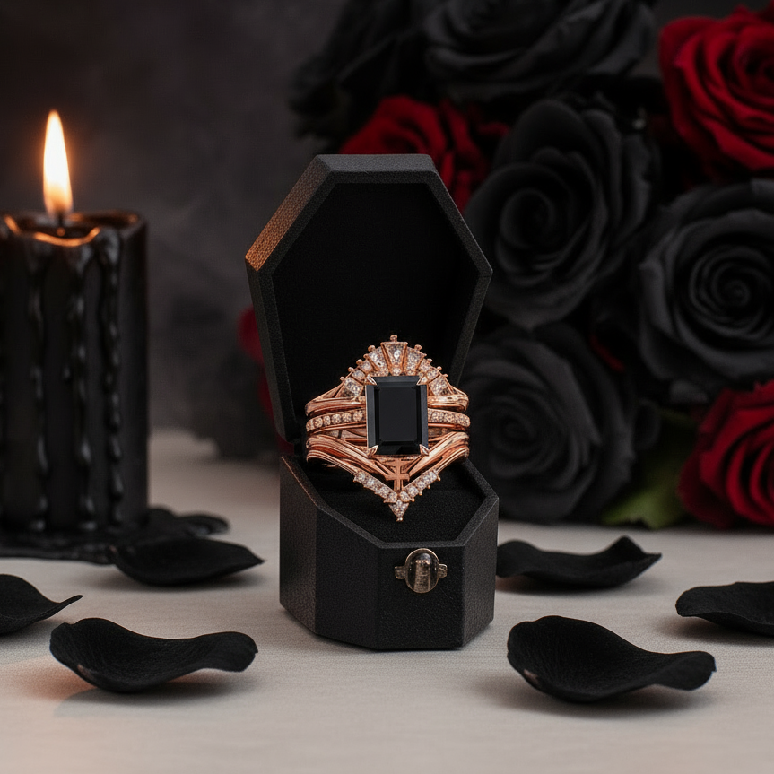 You Are Worth It- Black Emerald Cut Diamond Gothic Promise Ring Set