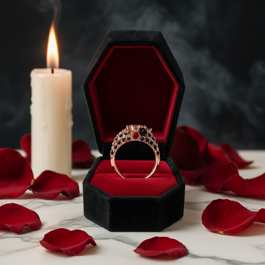 You're My Life- 14K Gold Skull, Cross Black Rose Diamond Gothic Promise Ring