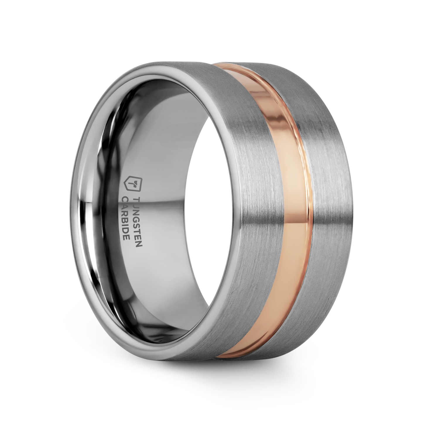 ZEUS Flat Brushed Tungsten Carbide Ring with Rose Gold-Plated Groove (4mm–10mm)