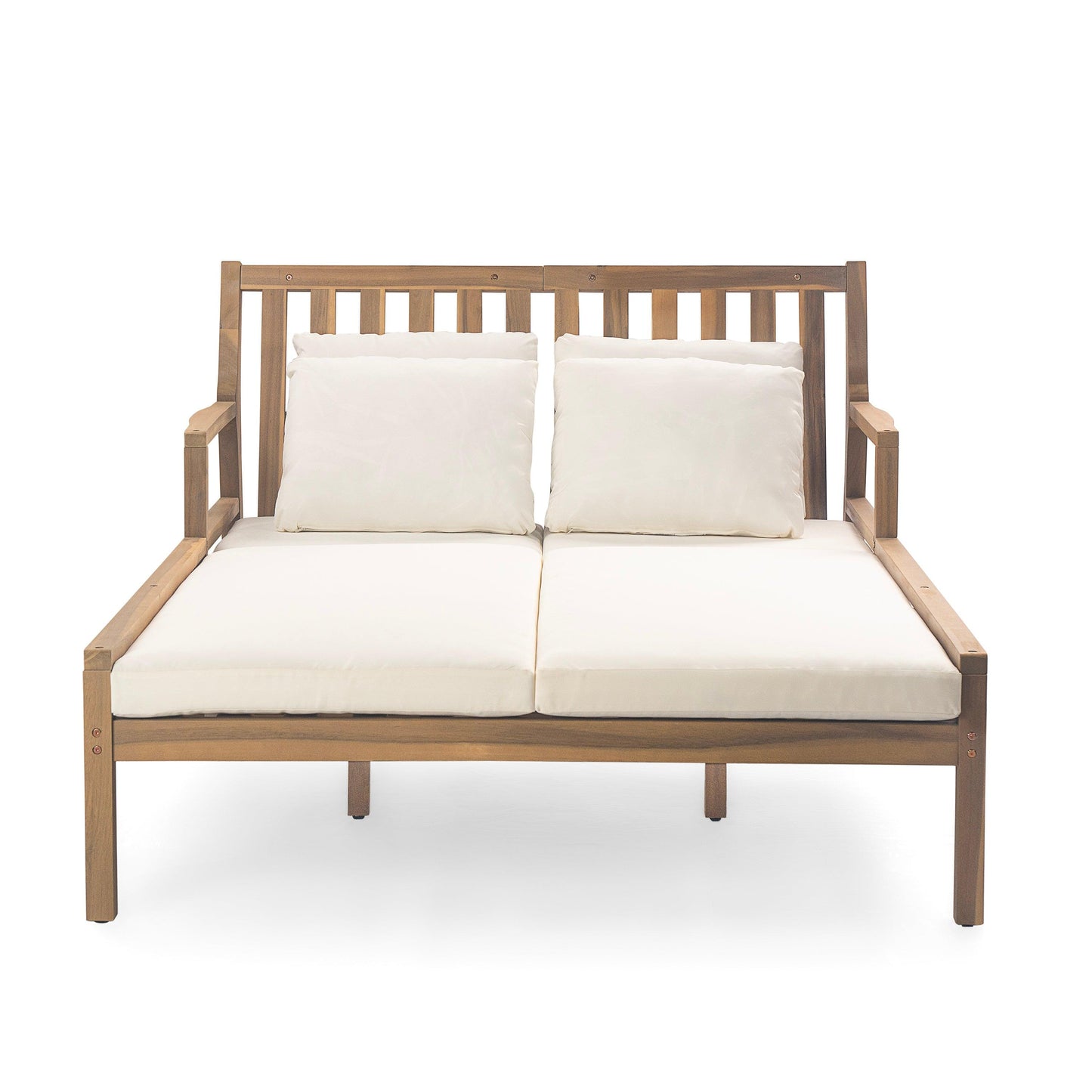 Outdoor Daybed, Patio Daybed with Four Pillows, Wooden Outdoor Bed with Curved Armrests for Poolside, Backyard, Garden
