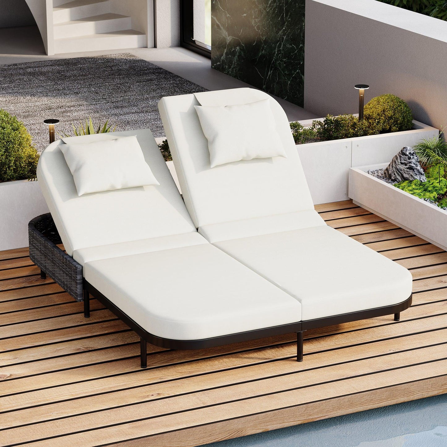 Outdoor Daybed, Patio Rattan Daybed with 5-Position Adjustable Backrest and Removable Cushions & Pillows for Garden, Backyard, Poolside