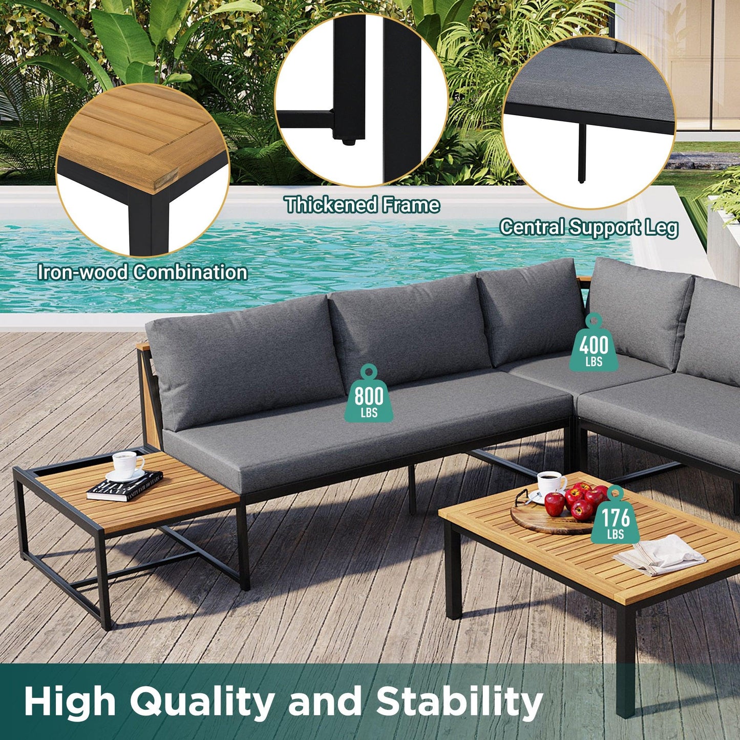Patio Furniture Set with Loveseats, 4 Pieces Outdoor Sofa Set with Waterproof Cushions, Durable Iron-Wood Design for Garden, Backyard, Poolside
