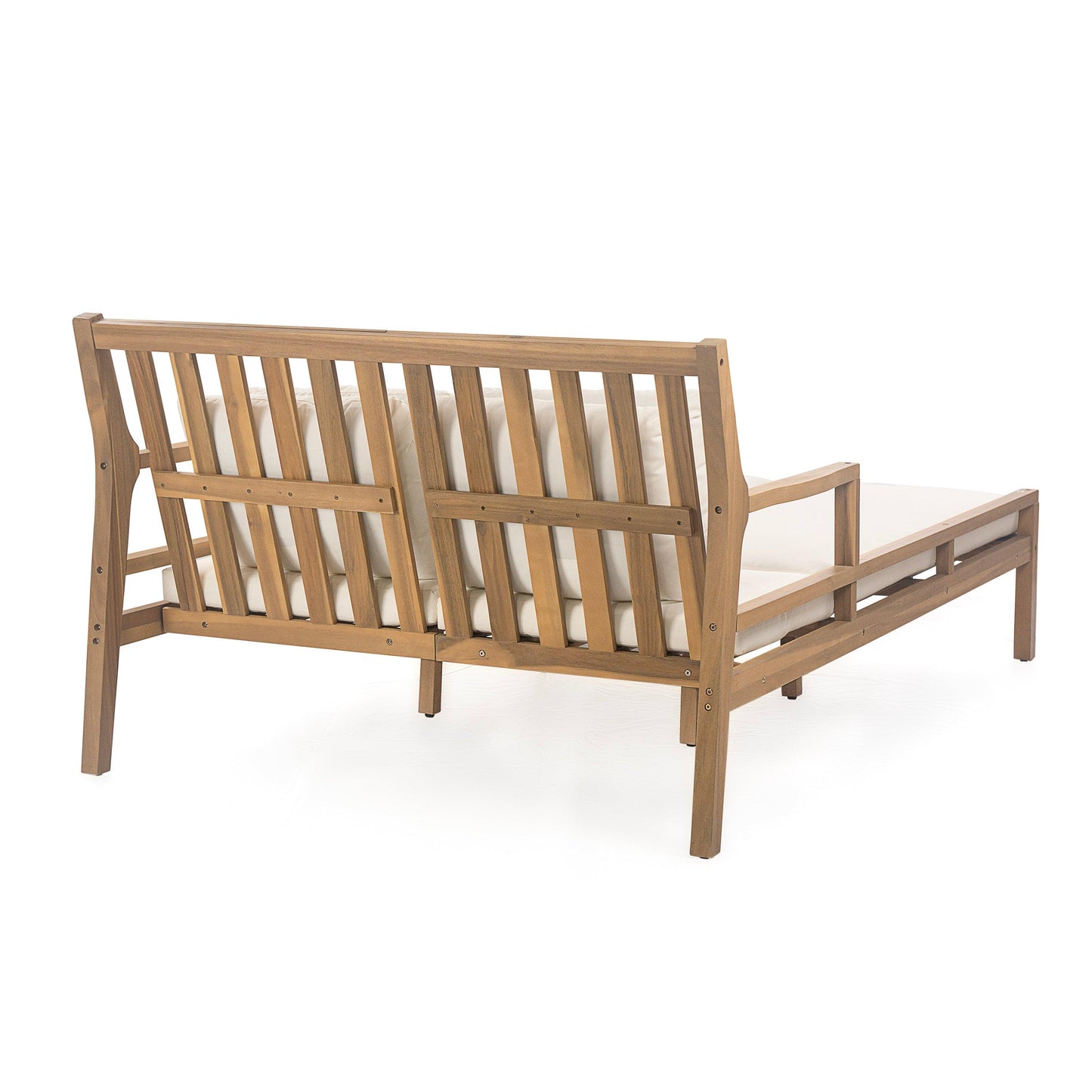 Outdoor Daybed, Patio Daybed with Four Pillows, Wooden Outdoor Bed with Curved Armrests for Poolside, Backyard, Garden