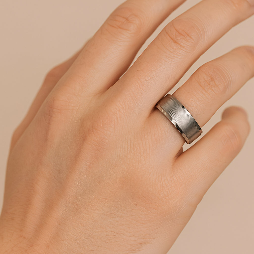 ANTARES White Tungsten Brushed Center Men’s Wedding Ring with Polished Beveled Edges & White Interior - 8mm