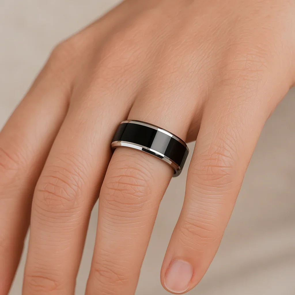 MACLAREN Black Polished Center Tungsten Wedding Band with Polished Gray Beveled Edges, 4mm–8mm