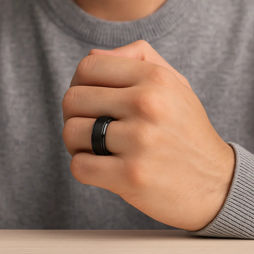 REVOLVE Black Tungsten Spinner Ring, Brushed Center on Polished Base – Comfort Fit (6mm & 8mm)